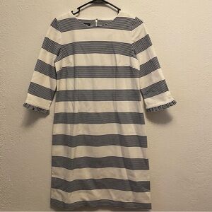 Talbots 4 Petite Shift Dress Womens White Blue Stripes Midi 3/4 Sleeve Nautical